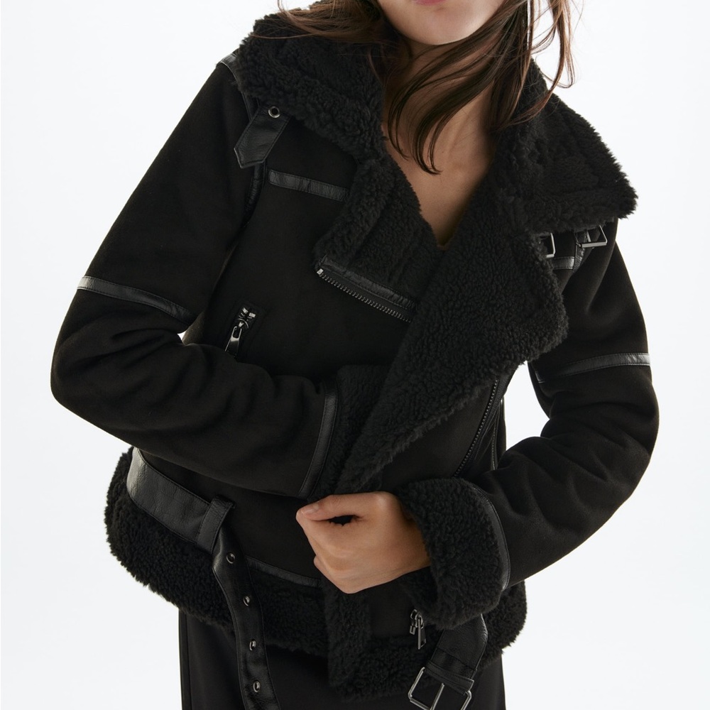 Zara Black Faux Shearling Bomber Jacket